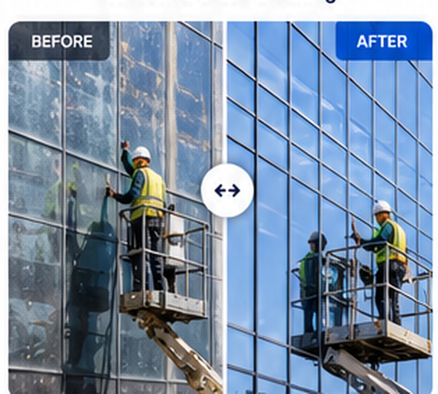 Before and after commercial window and glass cleaning